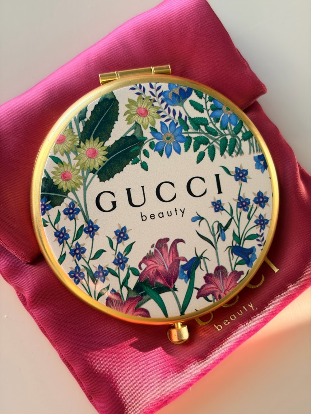 Gucci Gold-Trim Floral Compact Mirror with Blue, Pink, Green Accents